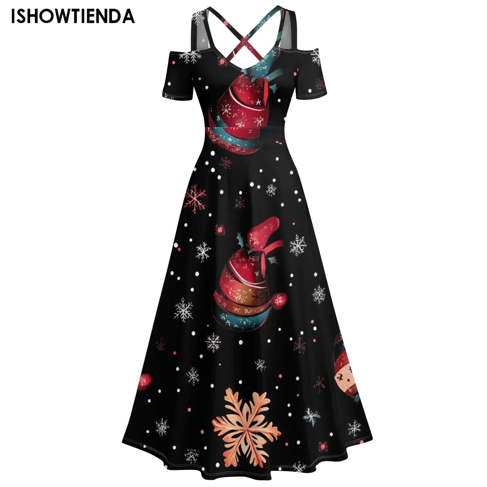 Womens Christmas Cute Printed Party Dress Sexy Spaghetti Strap High Waist Flowy Dress Sleeveless Suspender Big Swing Dress