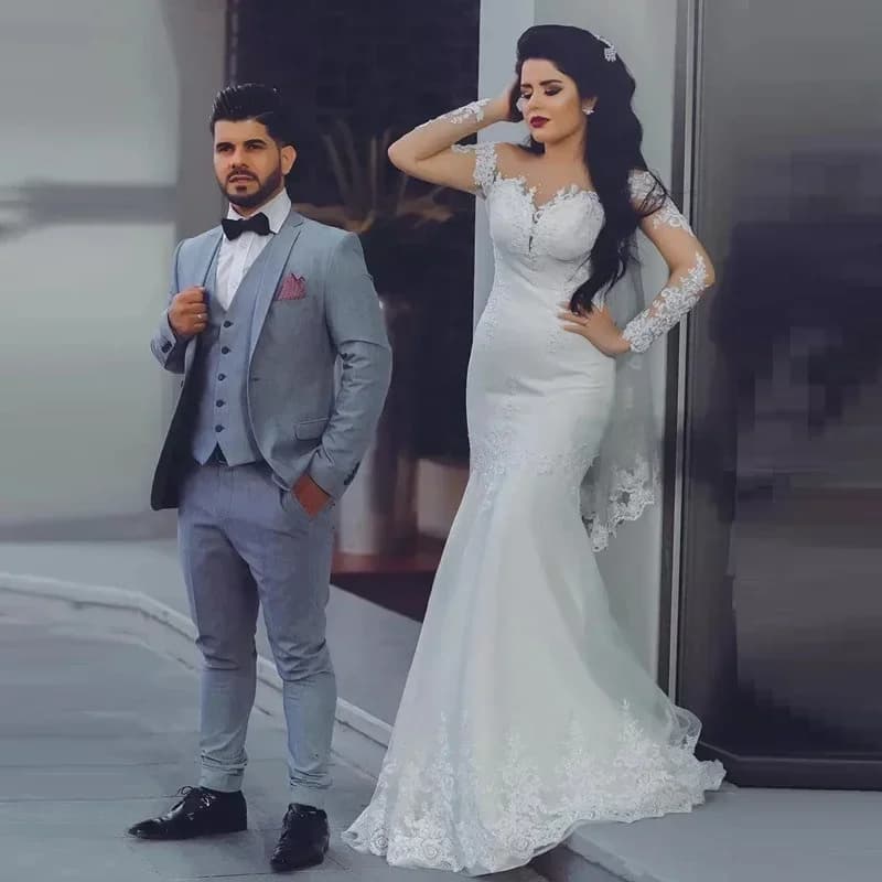 Customized  O-Neck Lace Appliques Mermaid Wedding Dress Sweep Train Vestidos De Novia Long Sleeves Mermaid Country Bridal Gown