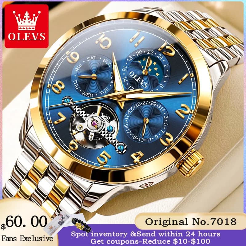 OLEVS 7018 Men's Watch Top Luxury Brand Hollow Out Automatic Mechanical Watch High Quality Waterproof Calendar Week Men's Watch
