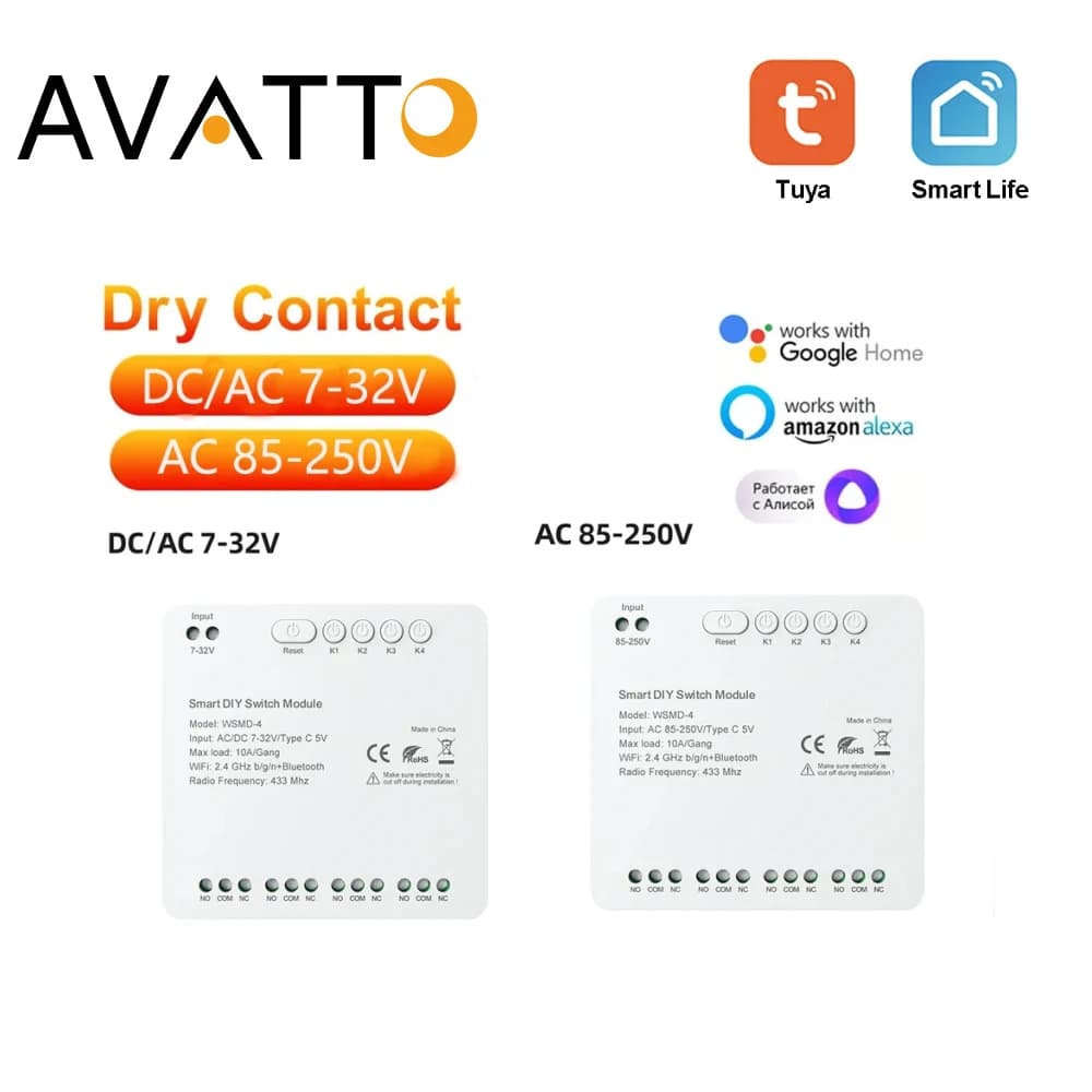 AVATTO Tuya Smart 4 Channel Dry Contact Switch Module 7-32V/85-250V Supports Compatible with Alexa Google Home