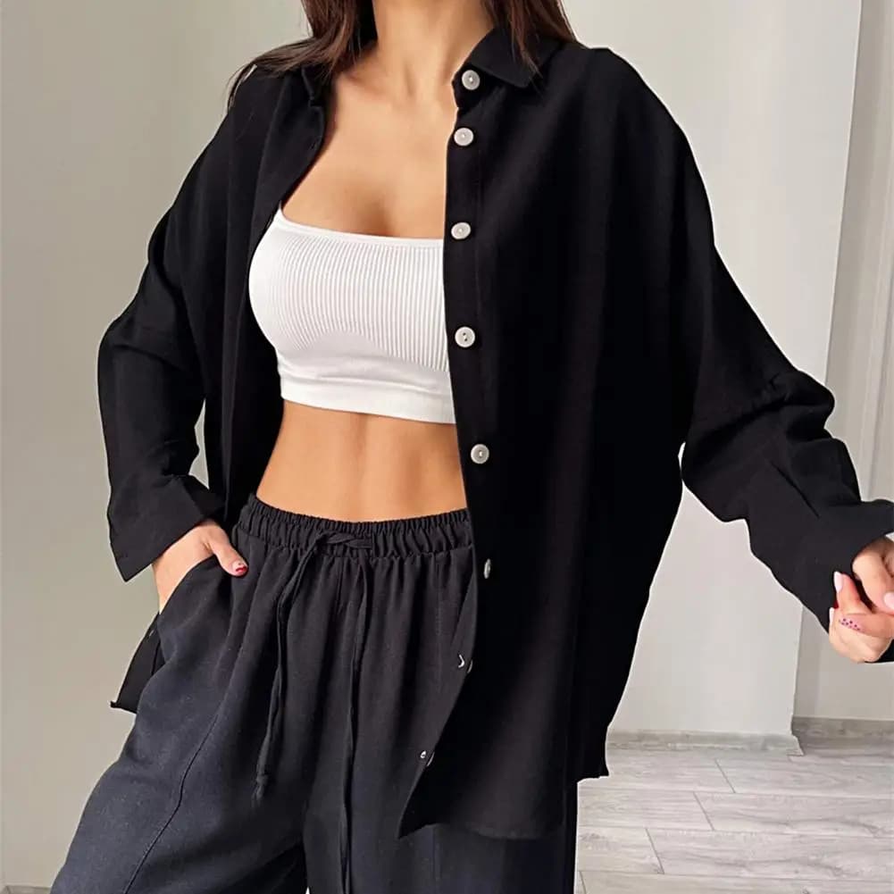 Women's Suits Casual Two Piece Set Outfit 2024 Spring Long Sleeve Buttoned Pocket Design Crop Top Drawstring Pants Set Women