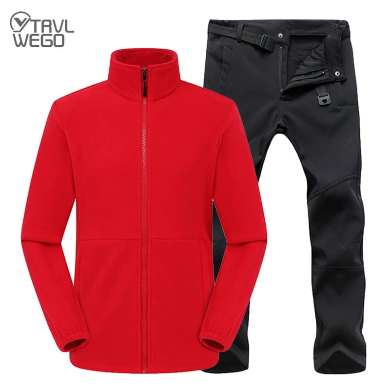 TRVLWEGO Man Winter Jackets Hiking Camping Outdoor Warm Softshell Fleece Coat Pants Climb Trousers Waterproof Trekking Set
