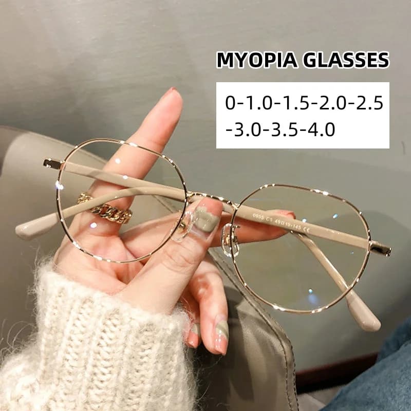 Women Ladies Metal Frame Blue Light Myopia Eyewear Fashion Round High Definition Eyeglasses Indoor Outdoor Near Sight Goggle
