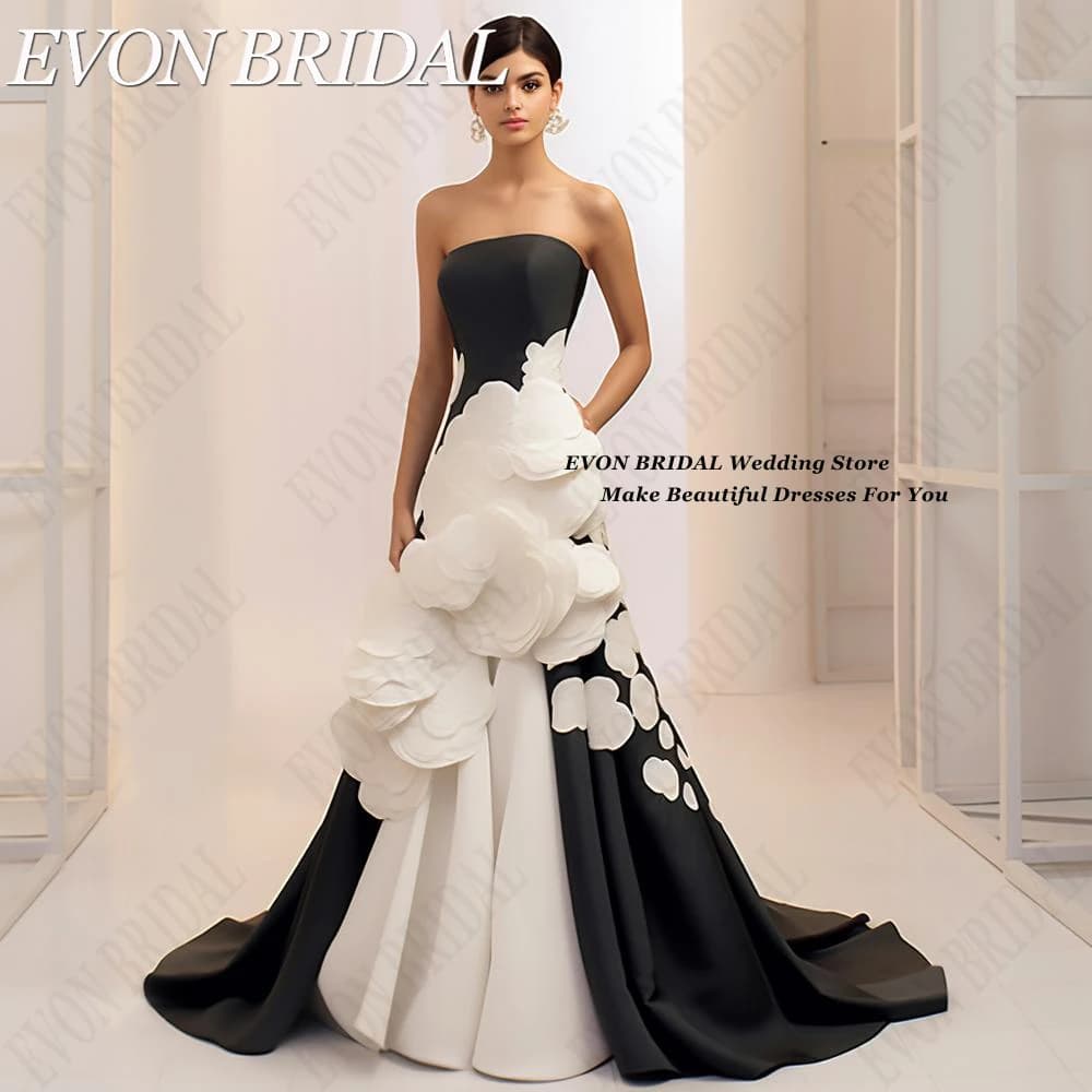 EVON BRIDAL Celebrity Dresses Black White Flowers vestidos para eventos especiales Contrast Color Mermaid Evening Party Dress