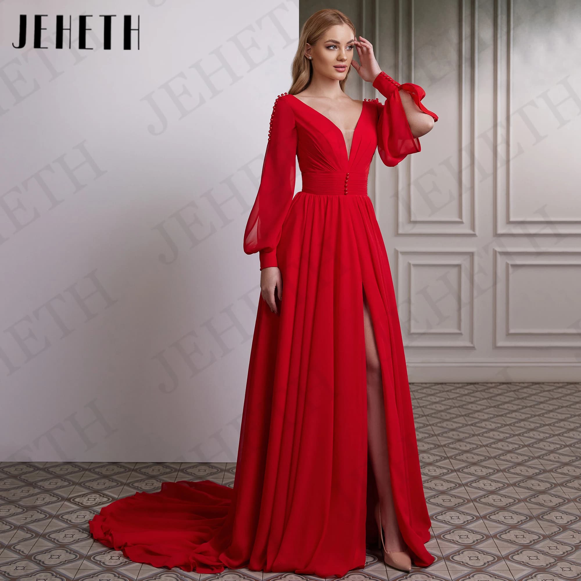 JEHETH Red Evening Dresses Long Luxury Party Gown Chiffon Slit A Line Puff Sleeves Special Occasion Dress V Neck Backless Woman