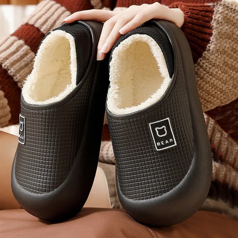 Waterproof Cotton Slippers for Women Men Winter Outdoor Indoor Non slip Home Plush Shoes Thick Bottom Cute Bear Shoes Couple