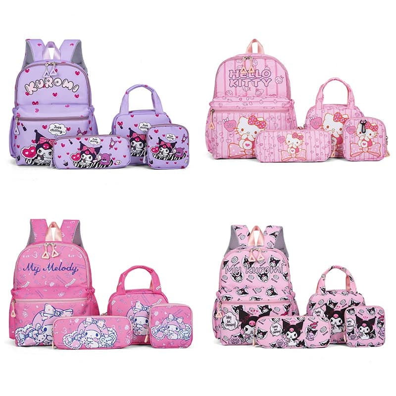 4Pcs School Bag Set For Elementary School Students Cartoon Printed Hello Kitty Kuromi Junior High School Backpack With Pen Bag