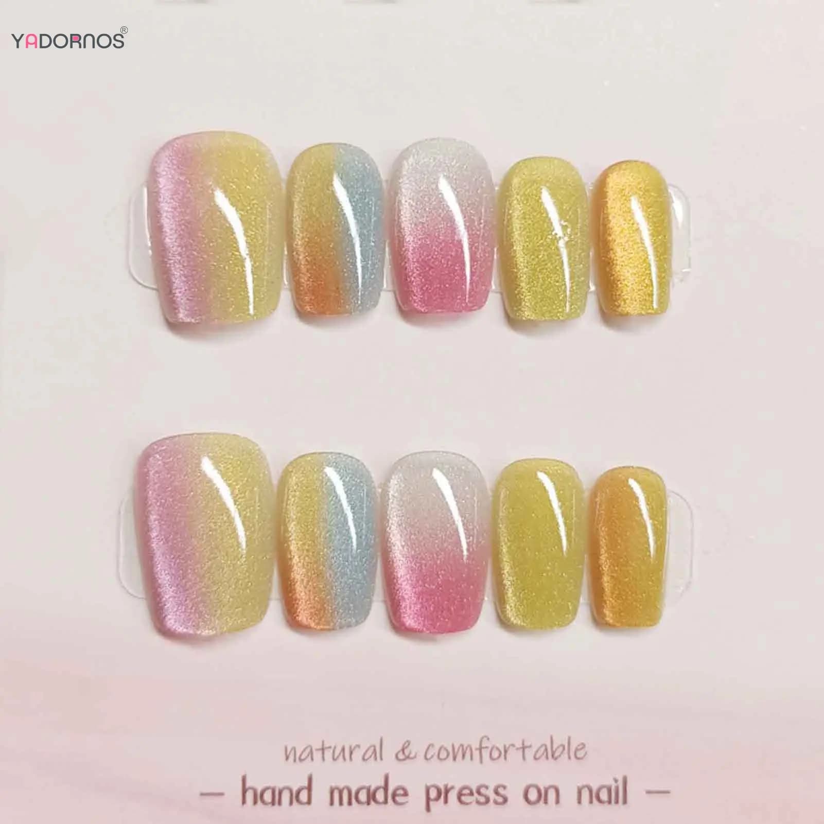 10Pcs Handmade Press on Nails Colorful Cat's Eye Design Fake Nails Woman Girls Short Wearable Manicure Artificial Nail Tips Art