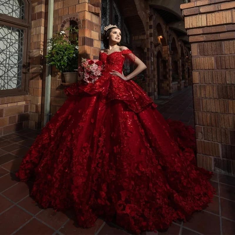 Red Quinceanera Dresses Beading Off The Shoulder Party Dress Appliques 3D Flower Lace Up Court Train Ball Gown Vestido De 15Anos