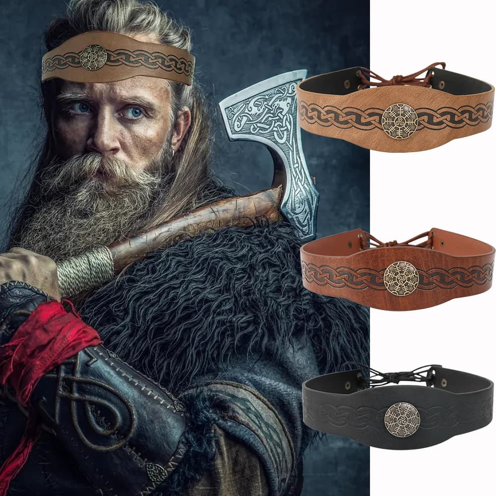 Retro Viking PU Leather Adjustable Headband Halloween Cosplay Medieval Knight Headwear for Club Stage Performance Accessories