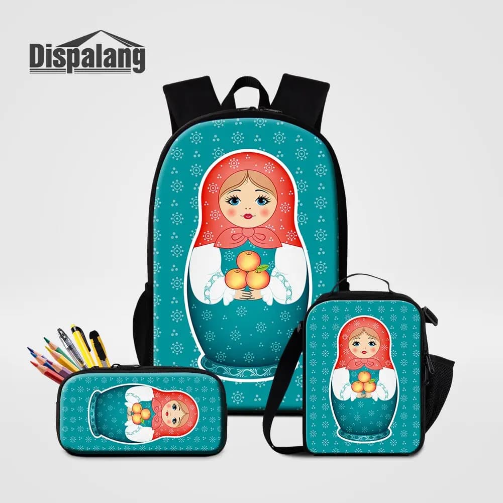 Dispalang Russian Mascot Matryoshka Doll Backpack With Lunch Cooler Bag Pencil Case For Girls For School Children's Schoolbags
