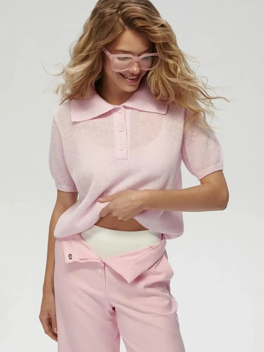 Wolfeel Summer New Polo Collar Hollow Knitted Short Sleeved Sweater Women's Bubble Sleeve T-shirt Female Simple Knitted Sweater