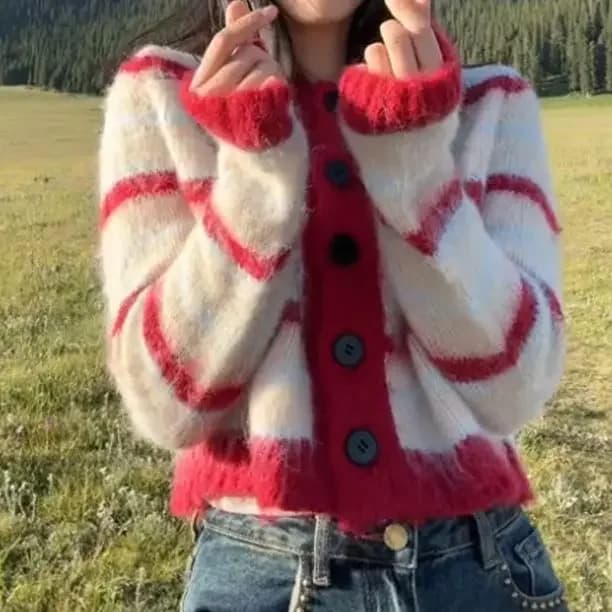 Knitted Cardigan Women Clothing Striped Knitwears Single Breasted Autumn Winter Vintage Versatile Short Sweater Round Neck Coat