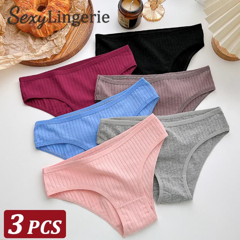 3Pcs/Set Women Cotton Solid Color Panties Ladies Soft Low Waist Striped Briefs Underwear Female Breathable Intimates Lingerie