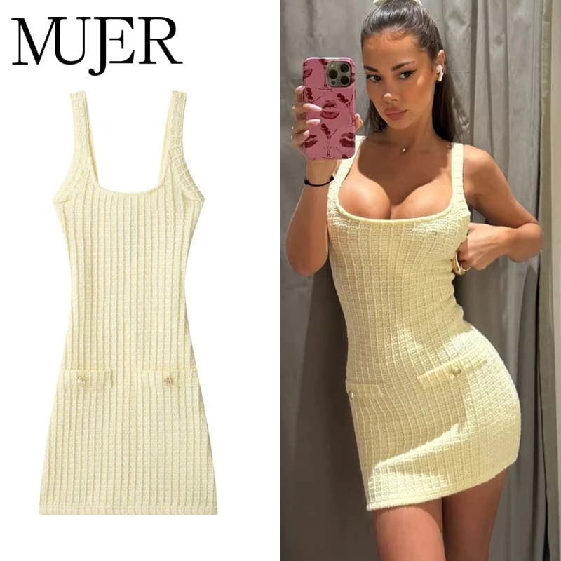 MUJER 2025 Knitted Short Dresses for Women Bodycon Mini Dress Woman Backless Beach Dress Women Sleeveless Women's Summer Dress