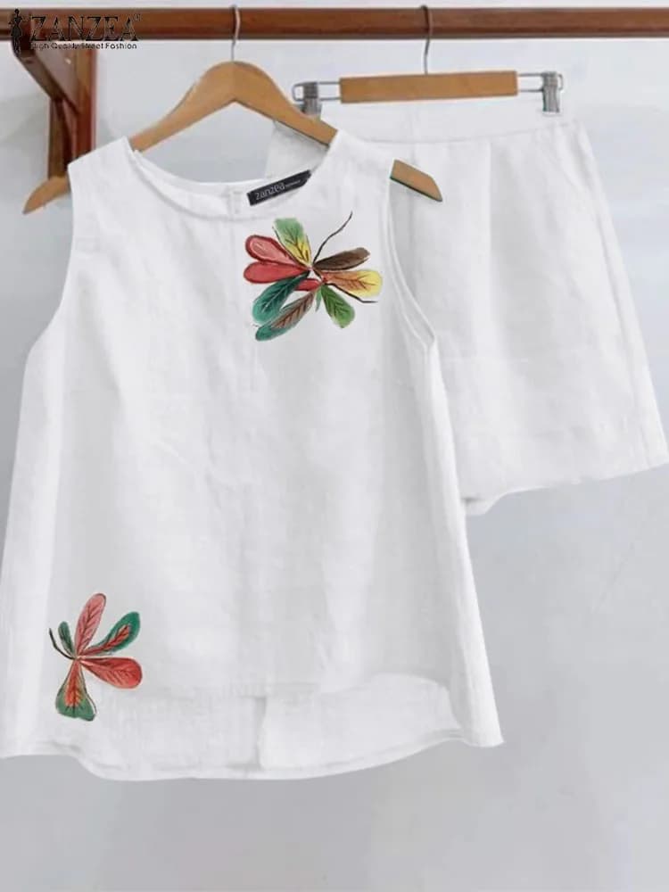 Summer Sleeveless Floral Blouse Pants Suits 2PCS ZANZEA Fashion Women Beach Short Sets Tracksuit Casual Loose Holiday Outifits