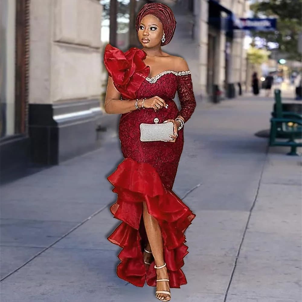 Women's Elegant Evening Dresses Mesh Patchwork Diagonal Neck Dress One Sleeve Diagonal Wooden Ear Dress Party Banquet Dress