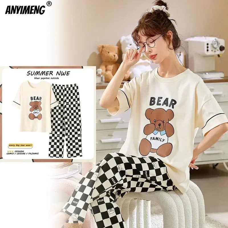 M-5XL Woman's Pajama Sets Summer Knitted Cotton Casual Sleepwear Short Sleeves Loungewear for Girl Fashion Pijama Woman Homewear