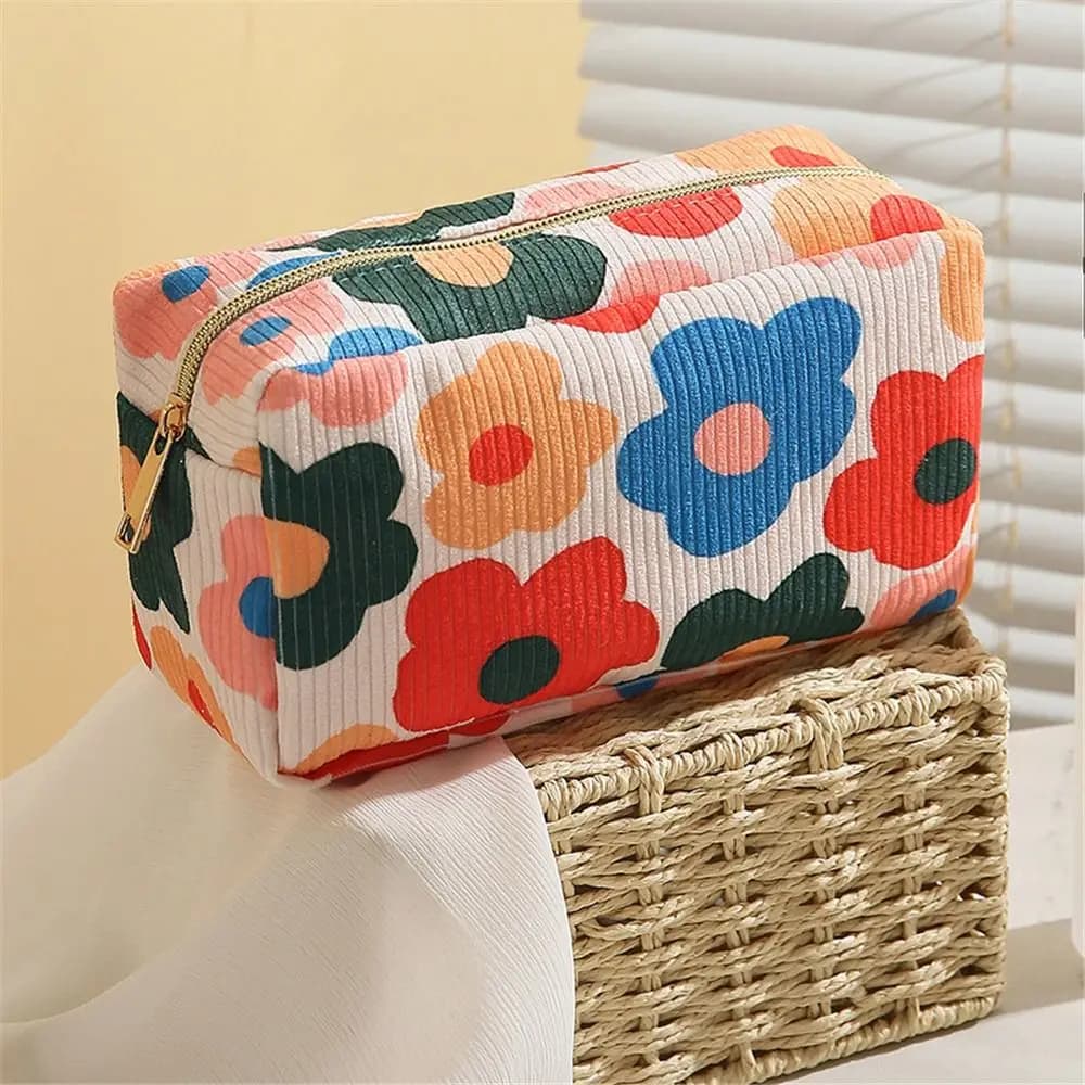 Stylish Large Capacity Corduroy Makeup Bag Makeup Brush Skincare Printed Toiletry Organizer Bag Travel Storage Bag for Women