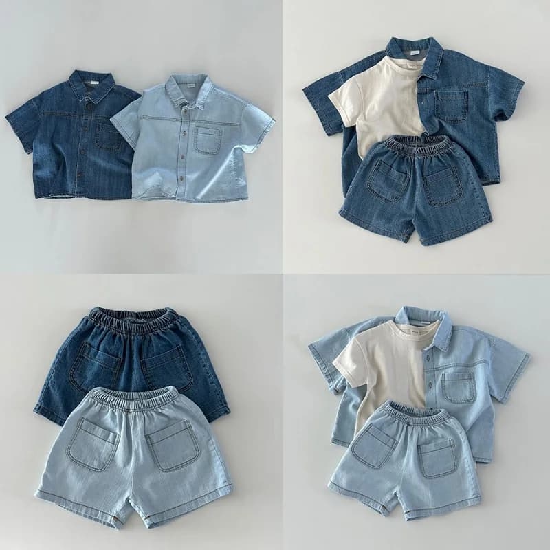 2025 Baby Solid Denim Short Sleeve Set Boys and Girls' Denim Shirts and Shorts Two Piece Set ins Simple Casual Sportswear 2PCS