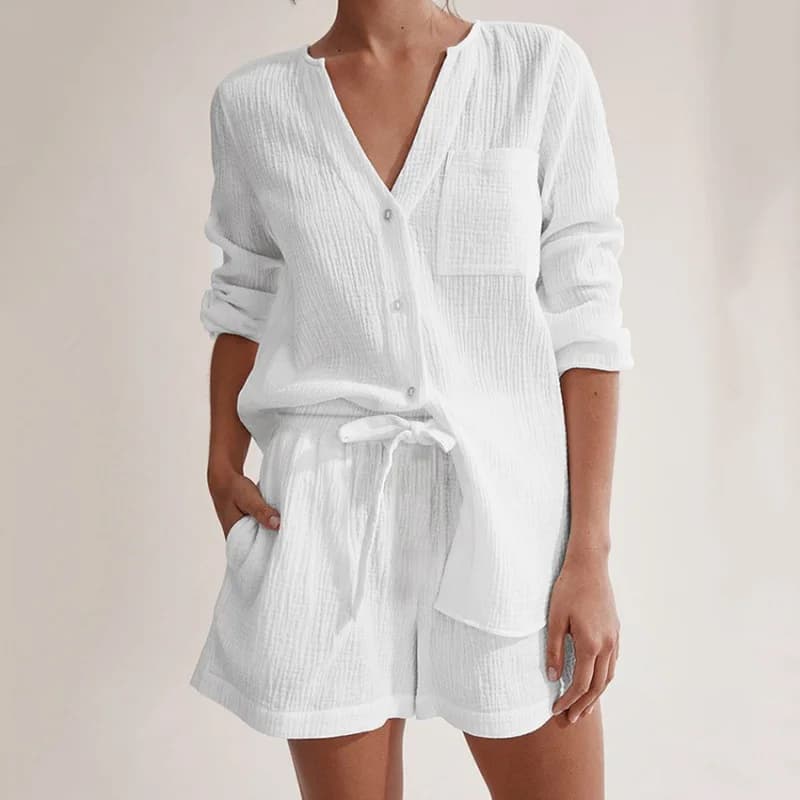 2024 Newly 100% Cotton Gauze Muslin Sets for Women 2 Pieces Button Up Long Sleeve Top + Shorts Set Elegant Suit