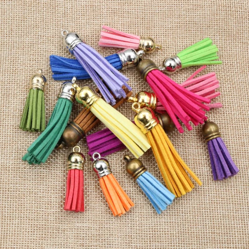 10pcs 38mm 55mm Length Suede Tassel For Keychain Cellphone Straps Jewelry Charms, Leather Tassels With Silver Plated Gold Caps