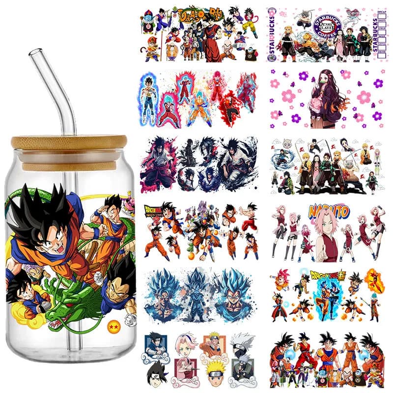 Japan Anime 16oz Libbey Glass Can UV DTF Wrap Dragon Ball Demon Slayer Pattern Libbey Glass Can Transfer Sticker