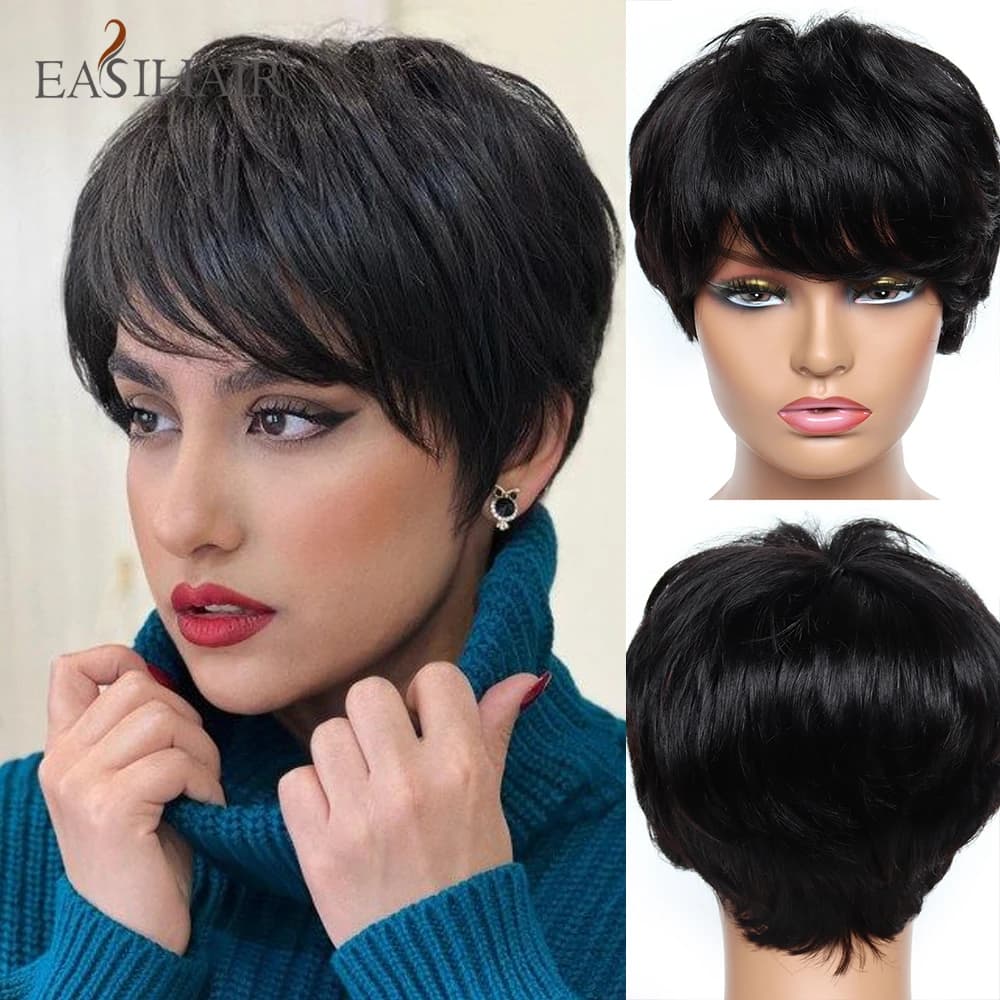 HAIRCUBE Natural Black Short Pixie Cut Human Hair Wigs Layered Machine Made Bob Wigs with Bang Women Remy Human Hair for Daily