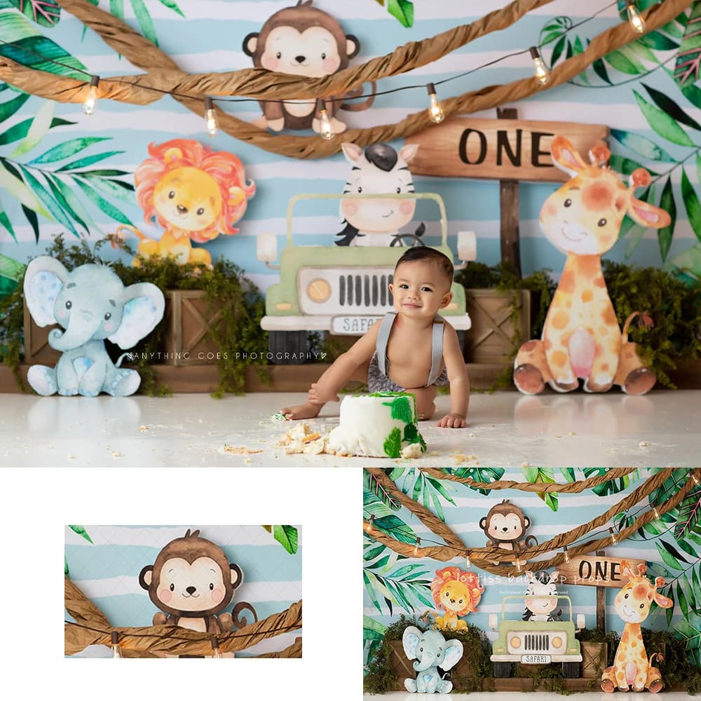 Wild One Jungle Backdrops Kids Baby Birthday Cake Smash Props Child Adult Photocall Decors Animals Elephant Photo Background