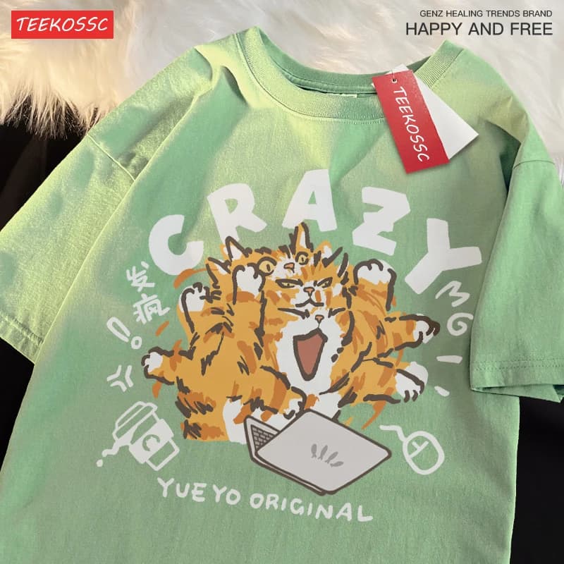 Crazy Orange Cat Light Green Funny Cat Work Shoulder Drop Short Sleeve T-shirt For Women Casual Pure Cotton Loose Fit Tees New