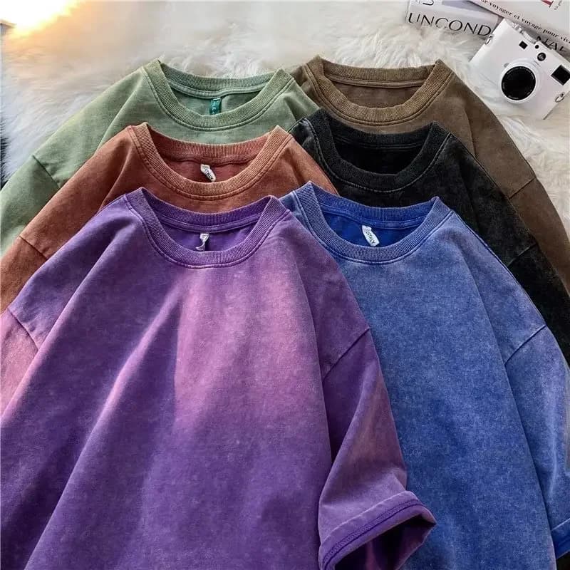 American Style Retro Heavy weight Solid Color Short Sleeved T-shirt Men Women Summer Street Trendy Washed Old Oversized Clothes