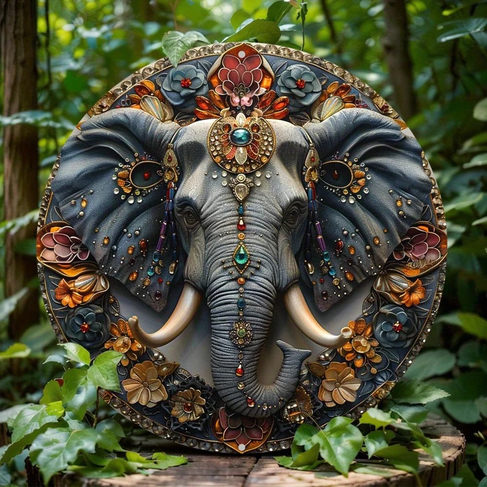 "Intriguing" Charming Elephant Climbing Wreath Sign, Round Aluminum Decor for Home, Living Room, Perfect Gift for Father'S Day