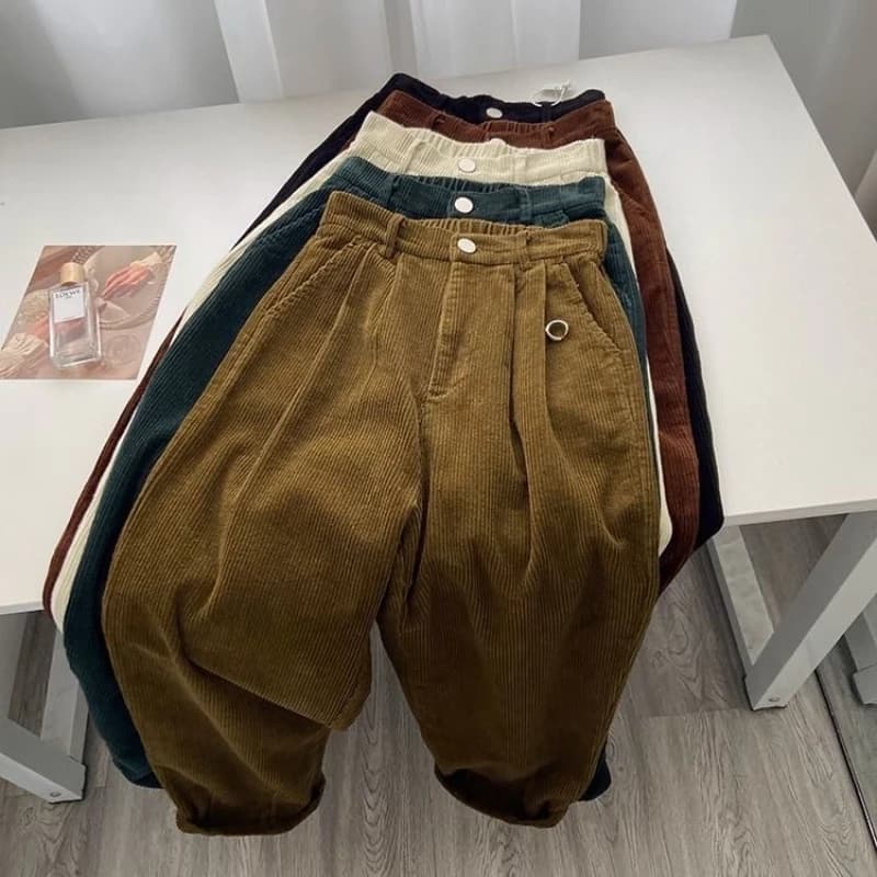 Winter Retro High Waist Corduroy Pants Women Causal Thick Warm Full Length Trousers Korean Fashion Baggy All Match Black Pant