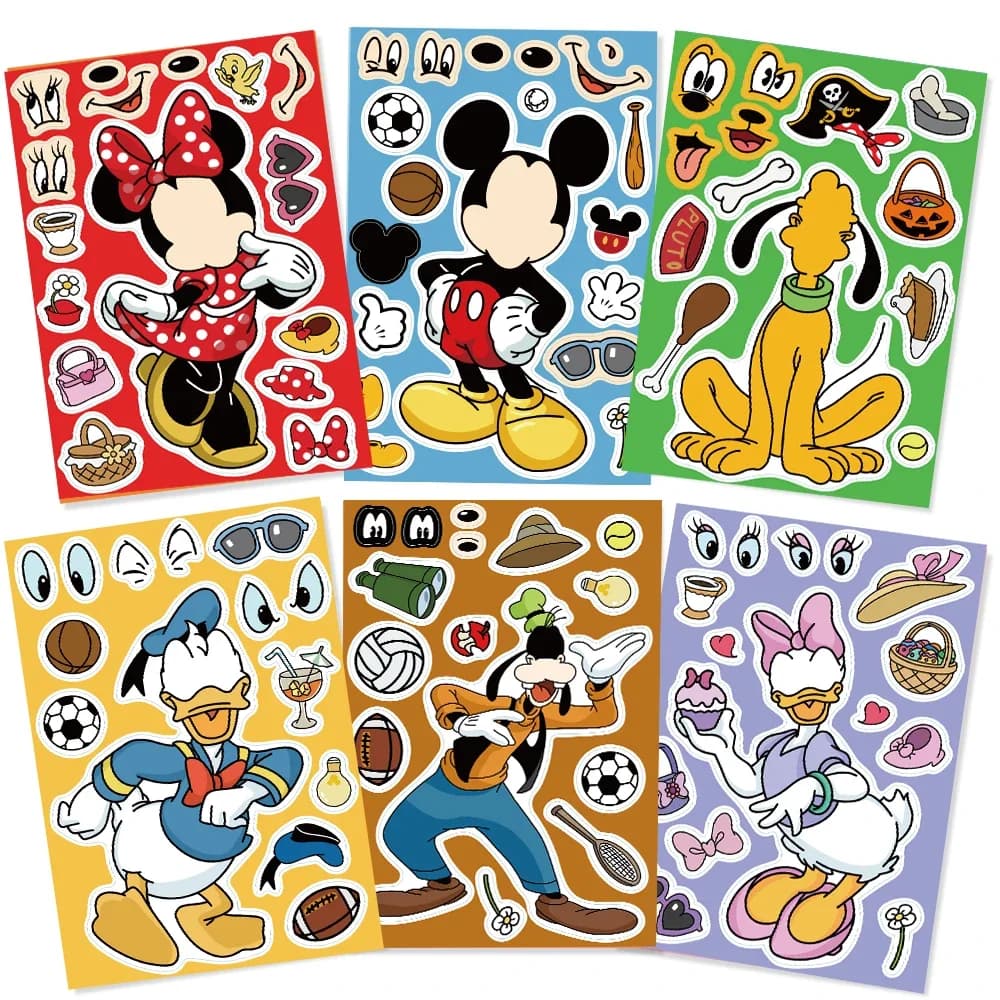 8/16Sheets Disney Mickey Mouse Puzzle Stickers Micke Make-a-Face Funny Assemble Jigsaw Cartoon Sticker Kids Educational Toys