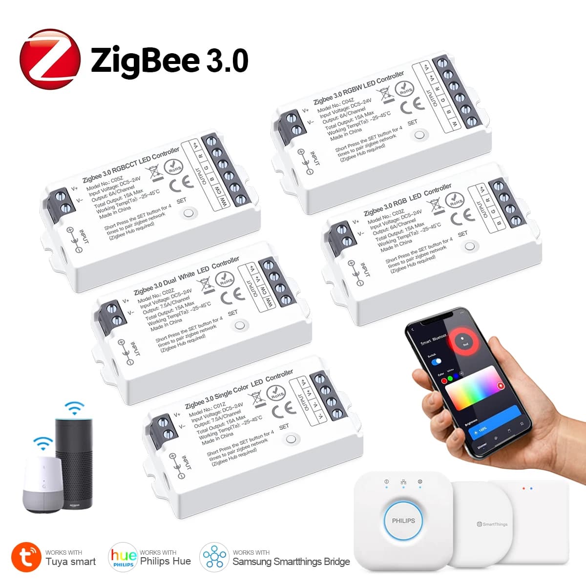 Zigbee 3.0 Smart Home RGB Led Controller,Dimmable RGBCCT LED Strip Controller,Wifi Switch for COB 5050/2835 Neon Led Tape Dimmer