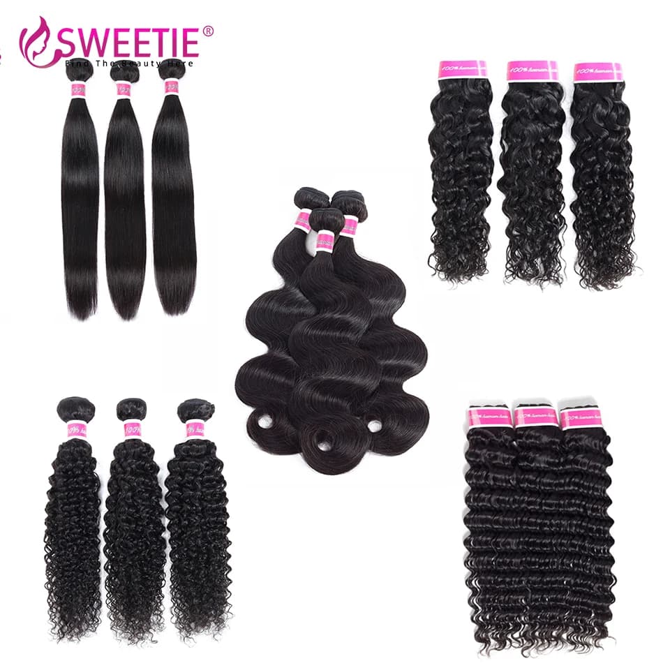 Wholesale 10A Brazilian Body Wave Straight Weft 3 4 Bundle Deal Deep Wave Kinky Curly Water Wave Virgin Human Hair Weave Bundles