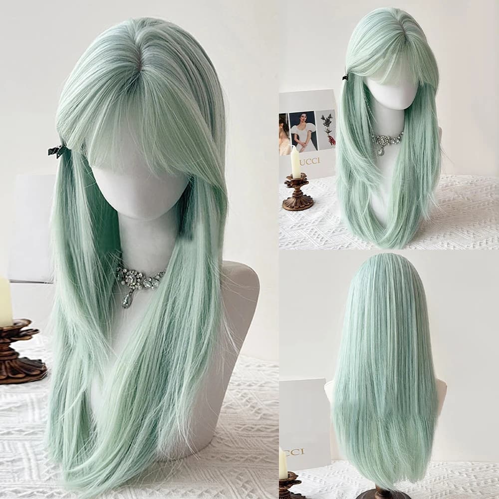 Synthetic Women Fluffy Wig with Bangs Mint Green Long Straight Lolita Cosplay Heat Resistant Wig for Daily Party