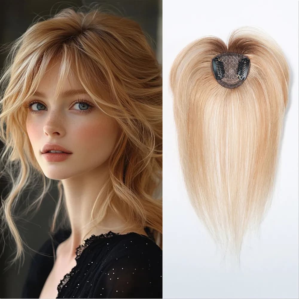 Real Human Hair Topper with Bangs for Women 3D Wispy Air Bangs 100% Remy Hair Hairpieces for Hair Loss Natural Looking 10 inch
