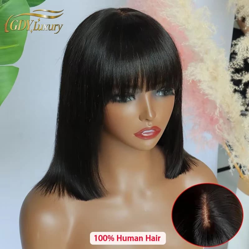 Short Bob Wig With Bangs Brazilian Straight Human Hair Wigs Fringe Middle Part Bob Lace Wigs Realistic Scalp 100% Human Hair Wig