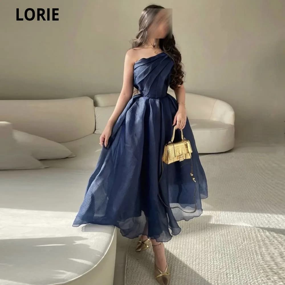 LORIE Navy Blue Organza Tea Length Prom Dresses 2024 One Shoulder Dubai Pleat Prom Gowns Elegant Robe De Bal Vestidos De Gala