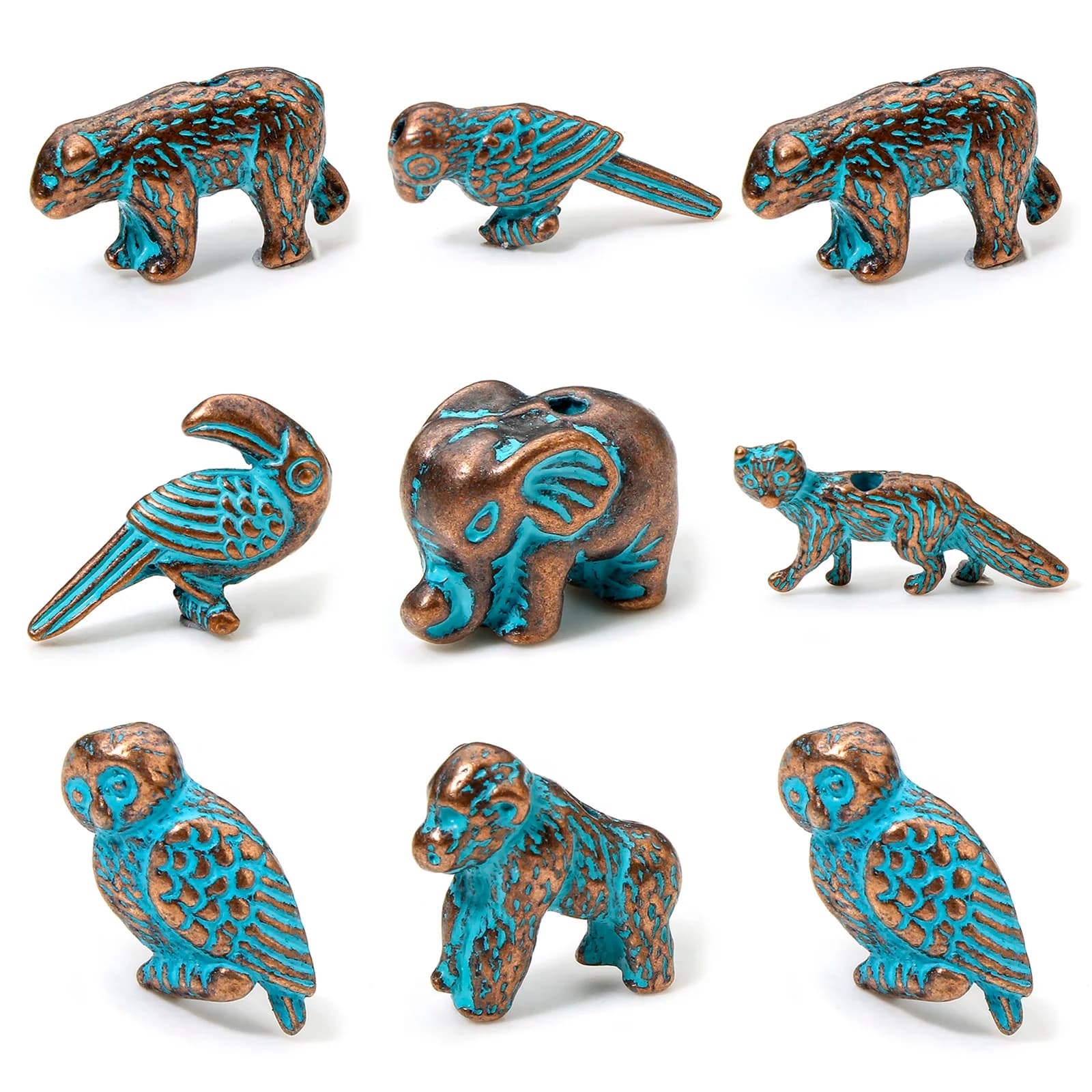 20PCs Zinc Based Alloy Patina Animal Series Spacer Beads For Jewelry Making Antique Copper Blue Parrot Owl Bird Fox DIY Findings