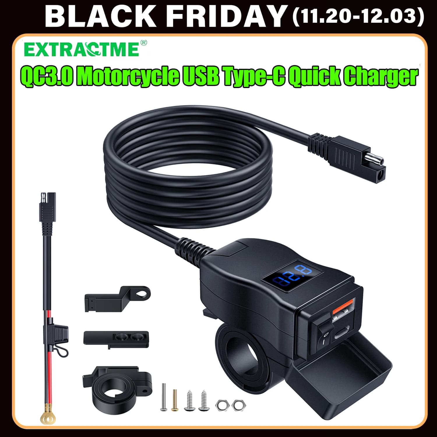 Extractme QC3.0 Motorcycle USB Charger 12V Waterproof Socket Handlebar Cell Quick Charger Adapter with Voltmeter Motor Accessory