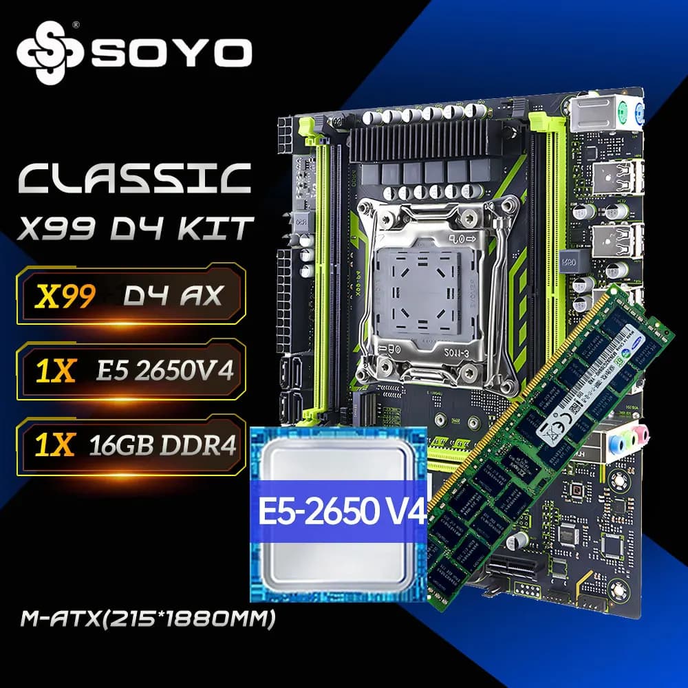 X99-8D4 SOYO Motherboard Set Kit With Intel LGA2011-3 Xeon E5 2650 V4 CPU DDR4 16GB (1*16GB) 2133MHZ RAM Memory NVME M.2 SATA