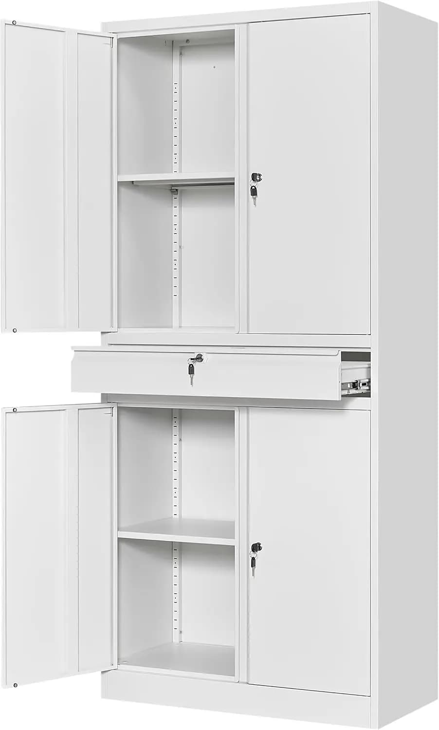 Metal Garage Storage Cabinet - 71" Steel Locking Cabinet with Adjustable Shelves, 1 Drawer for Garage, Warehouse (White)