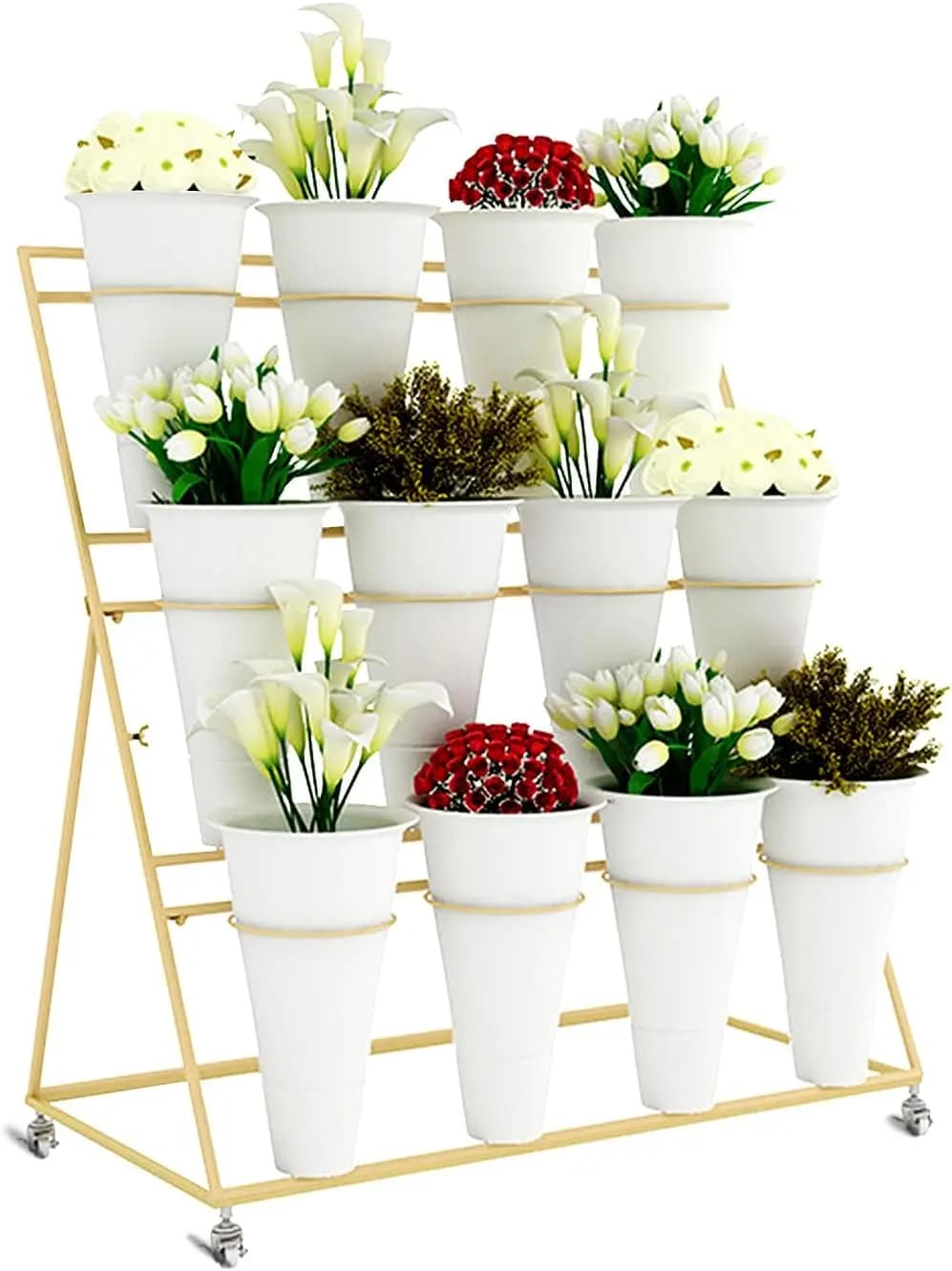 3 Tier Metal Flower Display Stand Frame with 12pcs Buckets, Flower Plant Cart Display Stand with Wheels Heavy Duty Moving Flower