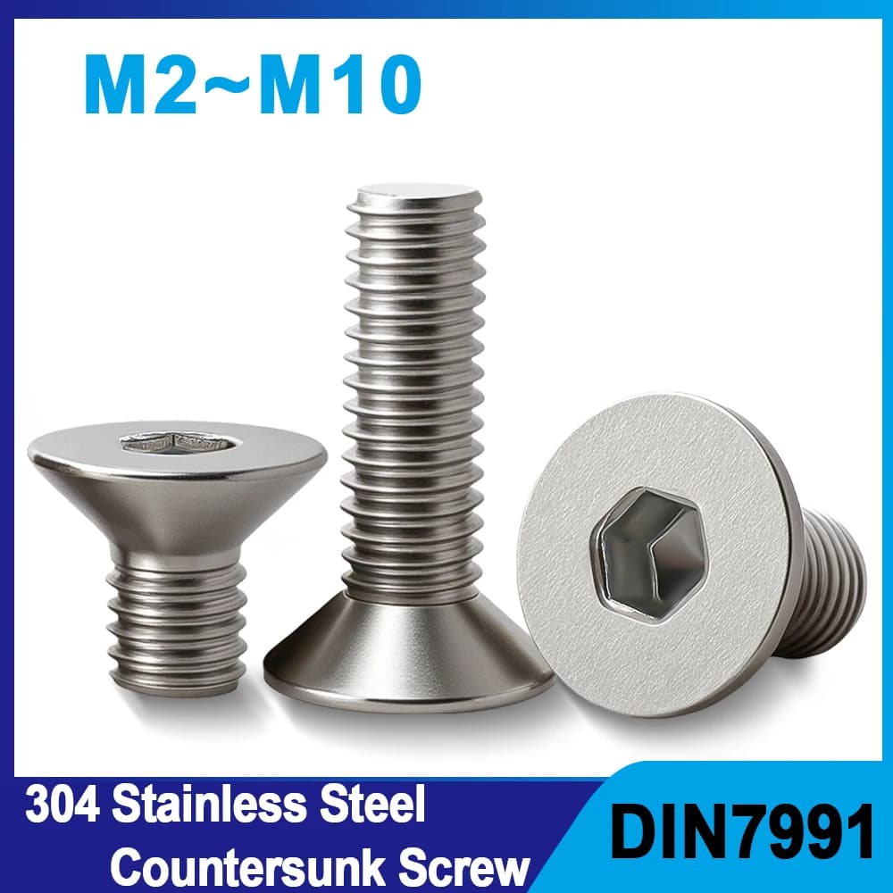 M2 M2.5 M3 M4 M5 M6 M8 M10 304 Stainless Steel Hex Socket Screw Countersunk Flat Bolts DIN7991 Motorcycle Metal Fasterner Screws