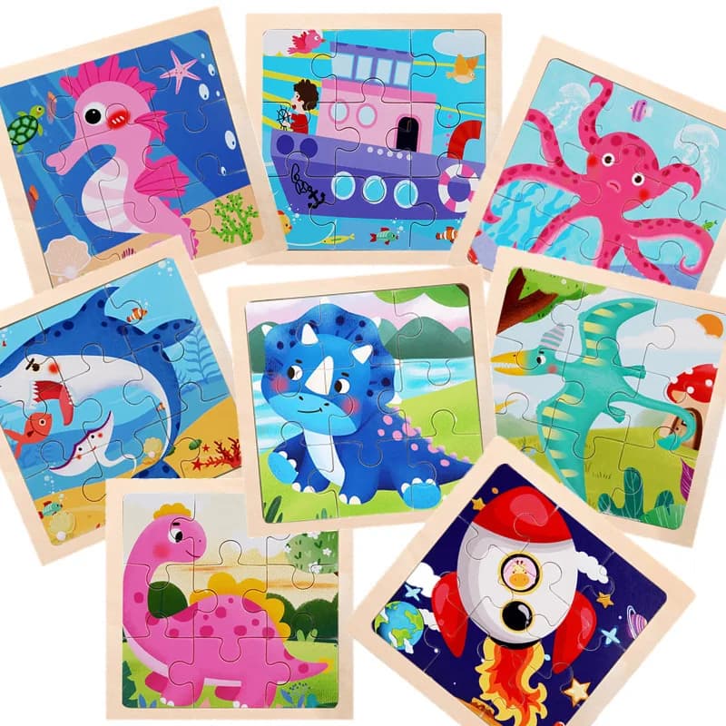2022 New 9 Pieces Wooden 3D Cartoon Animal Dinosaur Tiger Lion Ship Jigsaw Puzzles for Baby Boys & Girl's Preschool Learning Toy