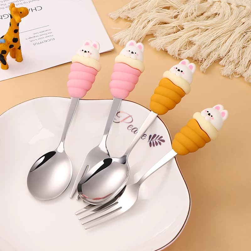 New Cute Spoon Fork Set Stainless Steel Coffee Spoon Set Ice Cream Scoop Cartoon Rabbit Dessert Spoon Teaspoon Dessert Fork Set