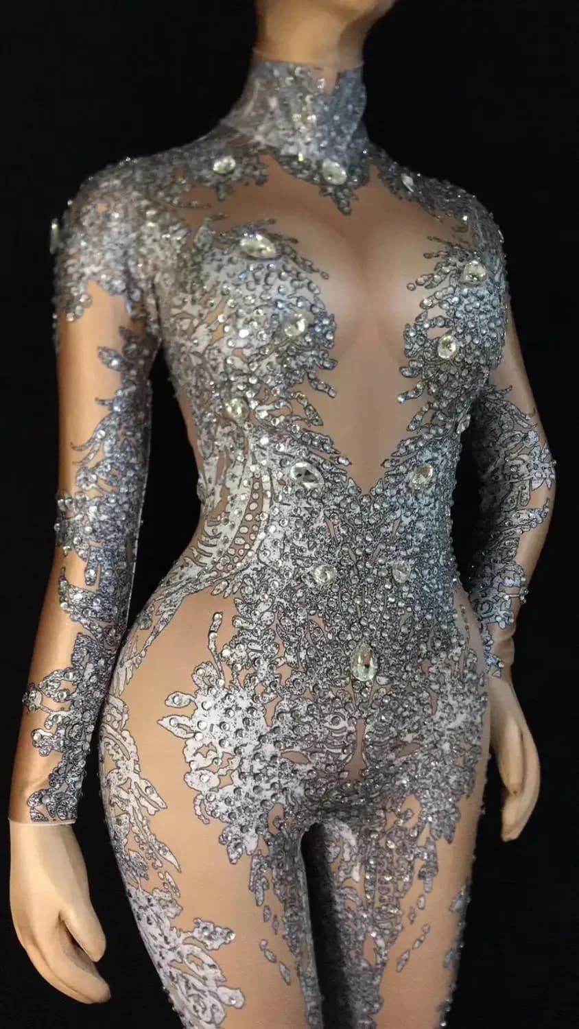 Bright Big Rhinestones Stretch Leggings Nightclub Singer Dancer Show Wear Prom Party Sexy Bodysuit Gray Pattern Jumpsuit
