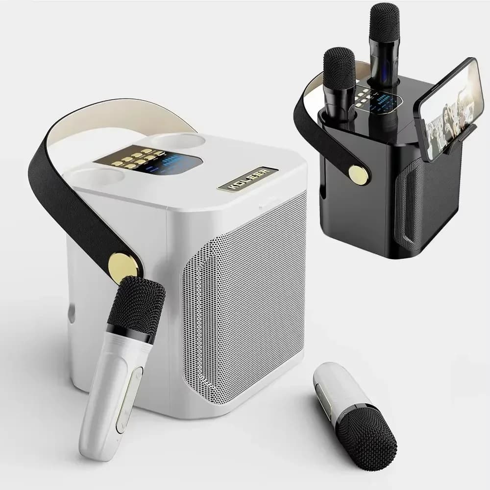 High Power Karaoke Bluetooth Speaker Portable 360 Stereo Surround Wireless Subwoofer with 2 Microphone Boombox Child Home Gift